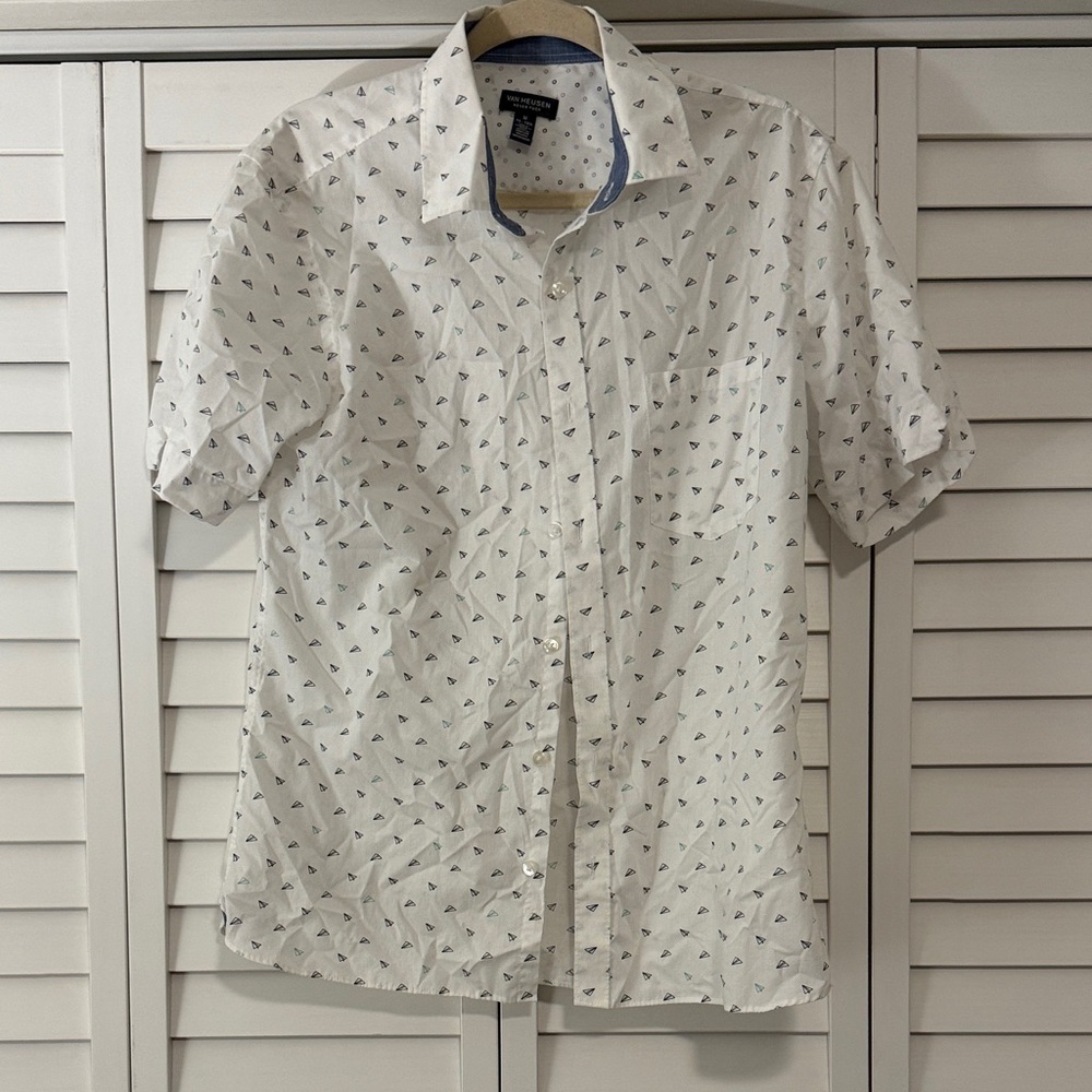 Men's White Paper Plane Short Sleeve Button Down Shirt